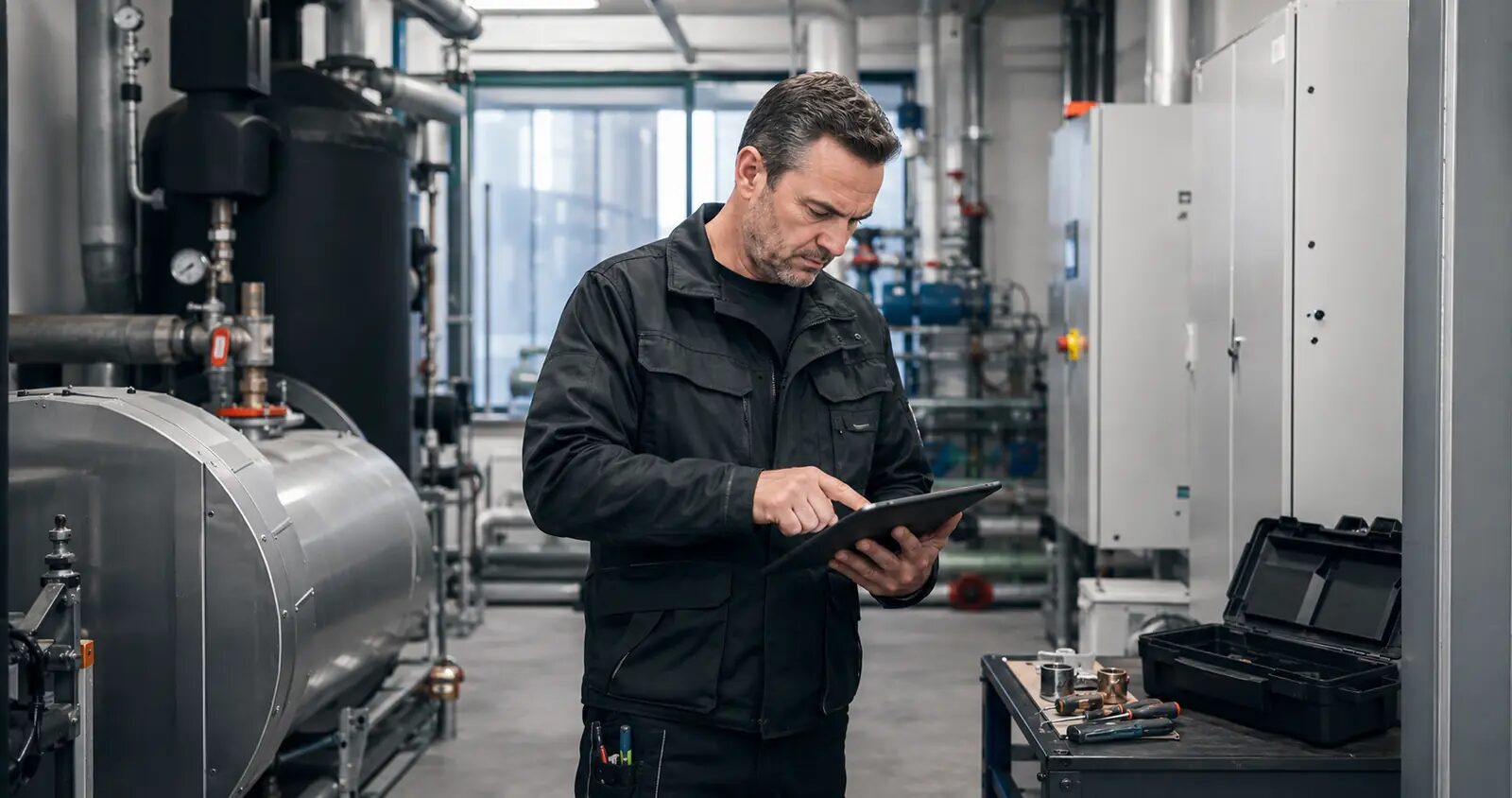 Servicetechniker dokumentiert Arbeiten an einer technischen Anlage digital auf einem Tablet