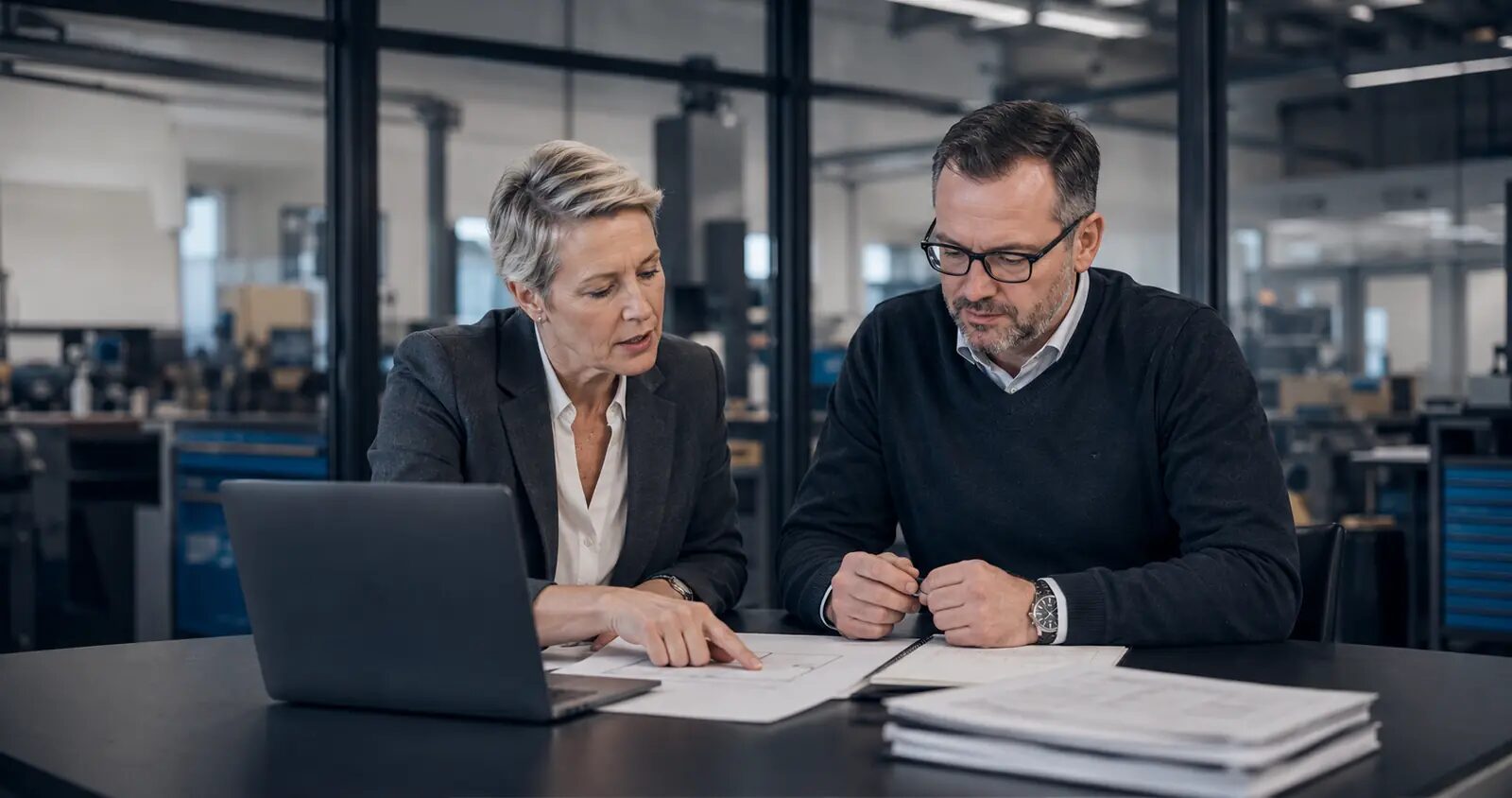Geschäftsführung und Betriebsleitung bewerten gemeinsam einen Unternehmensprozess und seine Wirtschaftlichkeit