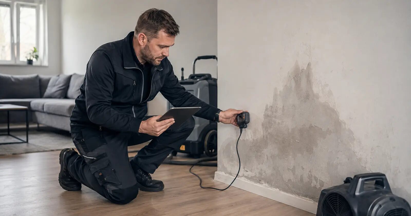 Schadensanierer erfasst Feuchtigkeitsmesswerte und dokumentiert einen Wasserschaden digital